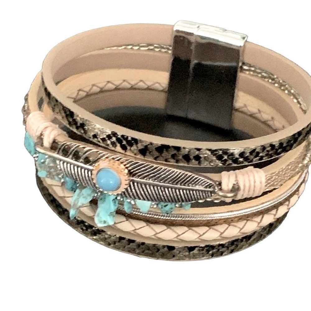 Western Gold Tone Layered Cuff Bracelet with Faux Turquoise